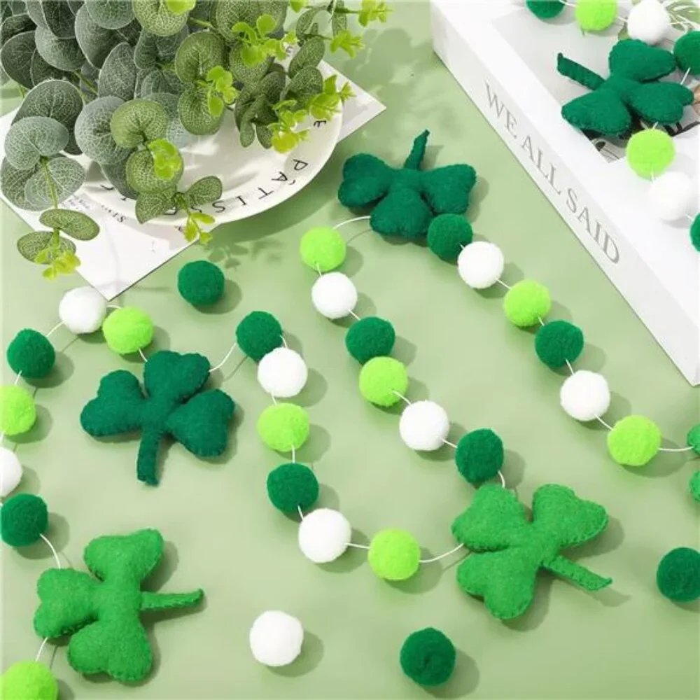 8.2Ft St. Patrick's Day Felt Pom Banner Lucky Shamrock Garland Green
